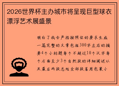 2026世界杯主办城市将呈现巨型球衣漂浮艺术展盛景